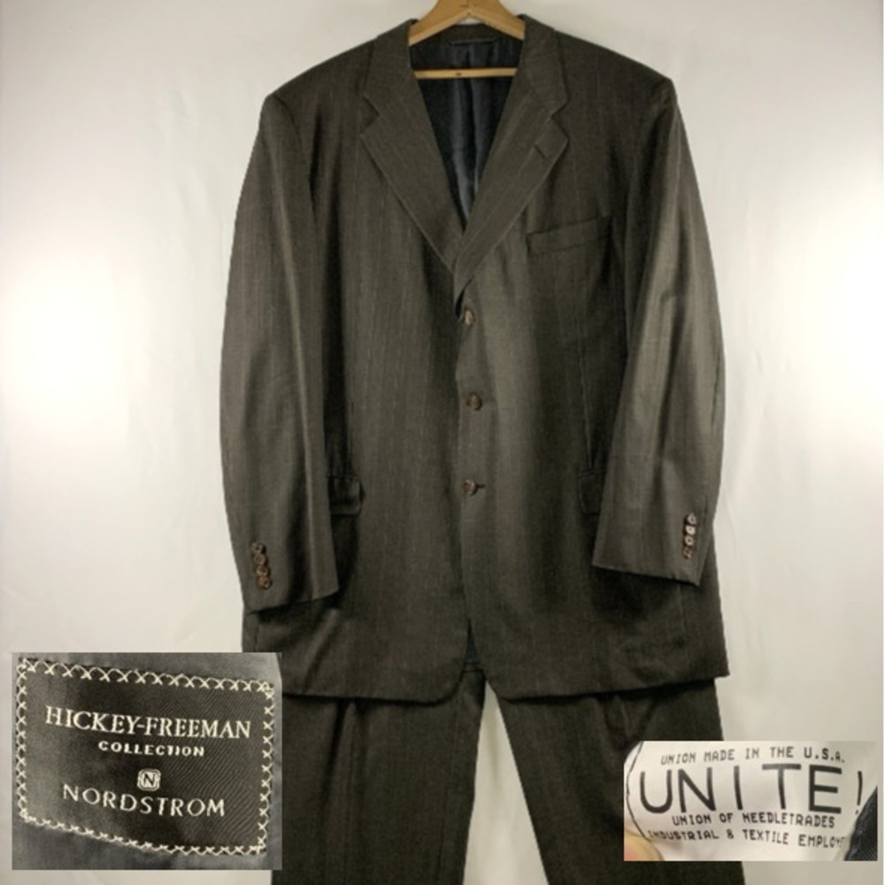 Hickey Freeman Mens Wool Windowpane Hopsack Suit 48L Wide Lapel Pleated USA
